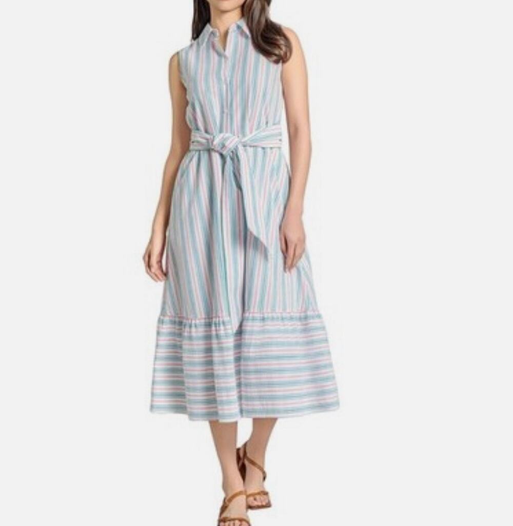 Jones NY colorful striped seersucker midi sleeveless belt shirt dress Large NWT